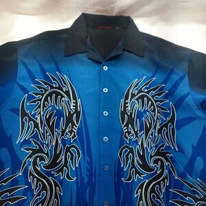 Vtg Y2K Level Ten Blue Black Tribal Dragon Print Mens L Button Up 90s Hip Hop